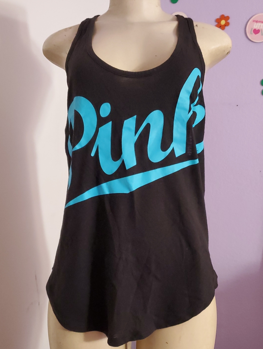 PINK Victoria's Secret Black Tank with Bright Turquoise Script